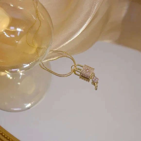 NEW 14K Gold Plated Diamond Lock Key Necklace - Picture 8 of 14